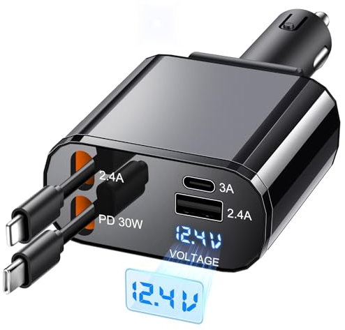 Benoxine 4-in-1 Retractable Car Charger [Certified True 60W USB-C with Cables] Actual Rapid Charging for iPhone 16/15/14/13, Android | No Overrated Power, Genuine Fast Charging | Gift for Men/Women