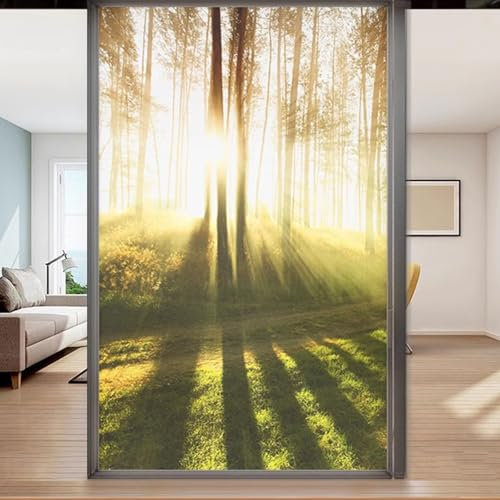 Eiauiuo Wald 3D Fensterfolie Window Film Blickdicht Privatsphärefolie Fenster Dekorfolie Statisch Haftend Selbstklebende Glasaufkleber UV-Schutzfolie Ohne Klebstoff Abnehmbarer für Zuhause Büro Balkon