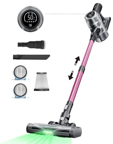 Proscenic Cordless Vacuum Cleaner, 45Kpa 50Mins Runtime Vacuum Cleaners for Home with Green Light, Anti-Tangle, LED Display, Lightweight Stick Vacuum for Pet Hair, Floor&Carpet, P13(Pink)