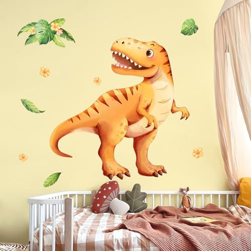 Tanlaby Gelber Dinosaurier Groß Wandaufkleber Aquarell Dino Wandtattoo Kinderzimmer Junge Wandsticker Dschungel Tiere Pflanzen Wanddeko für Jungen und Mädchen Babyzimmer Spielzimmer