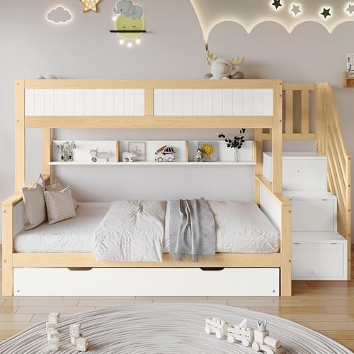 Kebnor Etagenbett, Kinderbett, mit Fallschutz und Gitter, Entworfen mit DREI Bettpositionen, mit Rollbett, mit Kleiderschrank, Ecktreppe, Kiefer+MDF, Weiß+Natur, 90x200&120 * 200cm