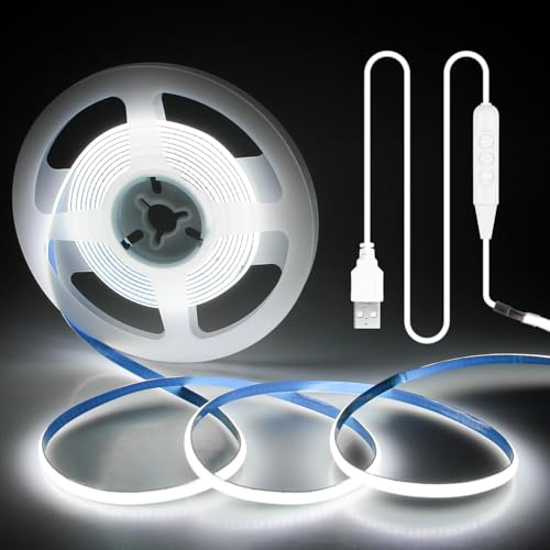 ALITOVE Striscia LED COB USB 3 m, dimmerabile, 5 mm, larghezza 5 V, luce bianca fredda, 6000 K, 1200 LED, autoadesiva, con interruttore per camera da letto, TV, retroilluminazione, decorazione da