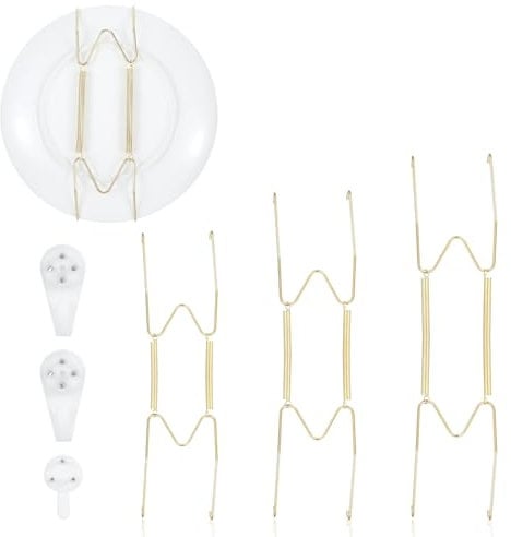 Wanmu 3Pcs Stainless Steel Plate Hangers with Wall Hooks, 6/8/10Inch Invisible Plate Holders for Displaying with 3 Pack Wall Hooks, Wire Heavy Duty Plates Holders