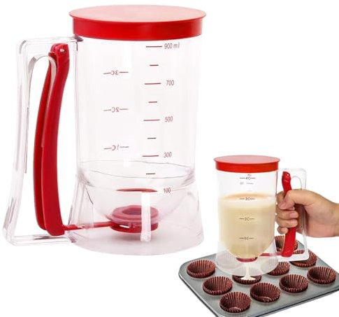 Pancake Mix Dispenser - Handheld Batter Pourer | 900ml Cupcake Batter Cup | Food-Grade Pancake Maker Separator with Measuring Label for Precise Portion Controll