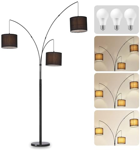 DLLT Modern Floor Lamp for Room: 3-Light Black Tree Floor Lamps with Black Shades for Bedroom - Arc Standing Lamp for Living Room - Tall Floor Lamp for Office Corner 3 LED Bulbs Included