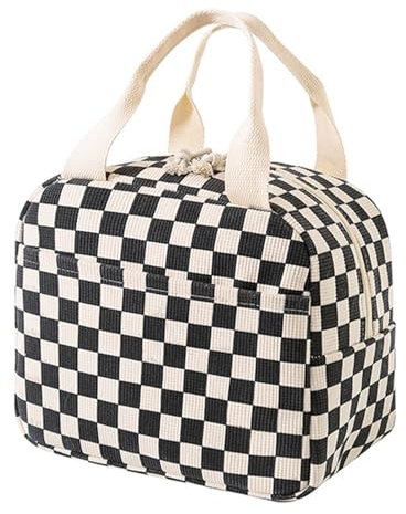 WYSUMMER Bolsa de almuerzo, bolso térmico para mujeres, bolsa refrigerada de lonchera térmica de pana, bolsa de almuerzo para adultos (Cheque en blanco y negro)