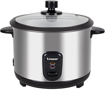 BEPER P101VAP001 Cuiseur à riz électrique avec fonction de rétention de chaleur, panier de cuisson vapeur, revêtement antiadhésif, couvercle en verre, arrêt automatique, acier inoxydable