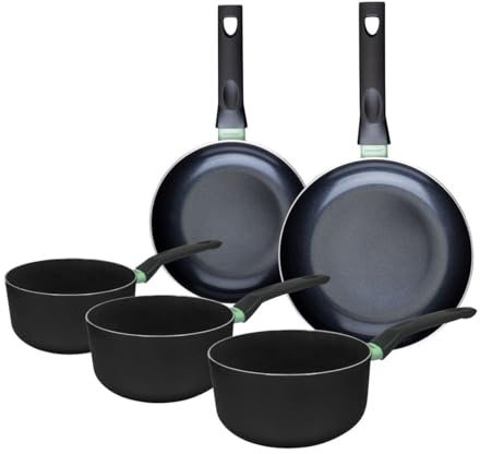 Fackelmann 9430650 Pfannen-Set, 2-teilig, 20 und 24 cm, 3 Töpfe 16, 18 und 20 cm, Antihaftbeschichtung, PFAS-frei, alle Herdarten, Induktion, Backofen, Aluminium, Schwarz, Grün, 16, 18 und 20 cm