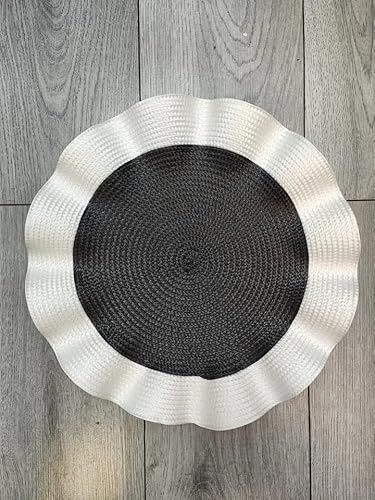 Biznest Set of 6 Round Wavy Rattan Placemat 38 cm, Durable & Stylish Table Mats for Home Dining & Décor (White-Black)