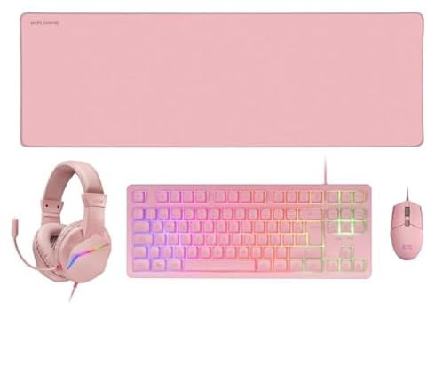 Combo Gaming 4 en 1 - Teclado TKL mecánico con retroiluminación, ratón RGB de 3200 dpi, Auriculares con luz y Alfombrilla XXL Antideslizante.