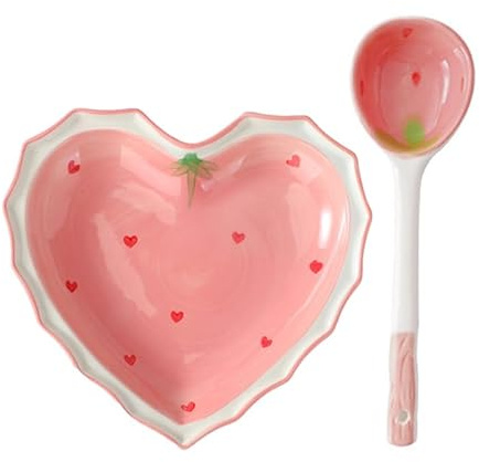 MUCKLILY Herzförmiges Küchengeschirr Set Mit Erdbeer Keramikschüssel Und Löffel Kawaii Geschirr Für Salate Desserts Und Frühstück Kreatives Geschirr Für Haushalt Und Geschenk