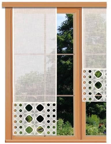 Schiebepaneele Miray mit Vogtländischer Spitze in ecrú - Landhaus-Flächengardine in Käseleinenoptik - Schiebevorhang mit moderner geometrischer Spitze | Flächenvorhang Höhe x Breite 80 x 30 cm