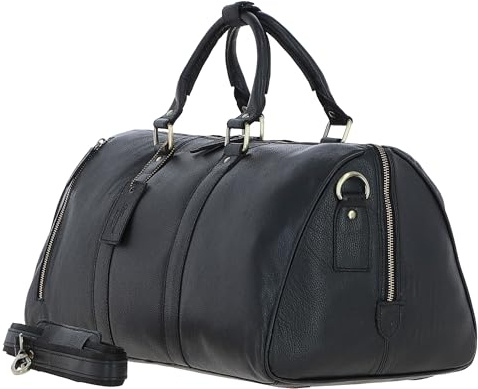 Ashwood Classic Leather Weekend Travel Bag - Men's & Women's Overnight Holdall, Gold Hardware, Large Travel Duffel with Shoulder Strap Spacious Interior & External Zip Pockets - Q-46 (Black)