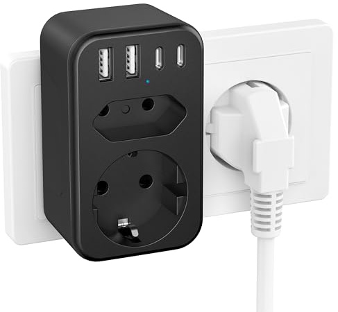 JSVER Mehrfachstecker für Steckdose, Steckdosenleiste USB 2 Fach Steckdosenadapter(3680W 16A) mit 2 USB C und 2 A(5V/3.4A) para iPad,iPhone Tablets-Schwarz
