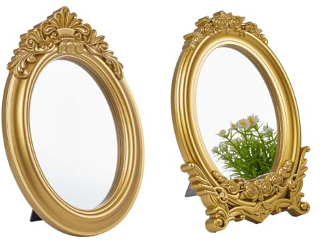 nbeads 2 Stück 2 Stile Kleiner Goldener Vintage Spiegel, Antiker Ovaler Schminkspiegel Mit Rahmen Schreibtischspiegel Set Mit Ständer Für Schlafzimmer Wohnzimmer Tischkommode Dekoration
