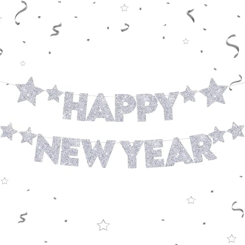 Silvester Dekoration 2026 Banner Silber, Happy New Year Girlande Silber, Silvester Deko 2026 Dekoration, golden Happy New Year Girlande 2026 für Neujahr Party, Neujahr Partydeko