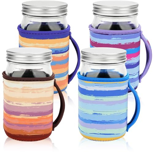 KJQJLY 4 Pcs Mason Jars Sleeves Neoprene 16oz and 24oz 32oz Regular and Wide Mouth Mason Jar Sleeves Holder with Handle (rainbow, 32 OZ)