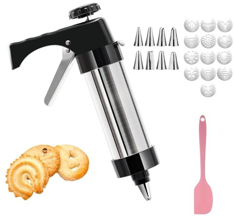 Profi Spritzgebäck Presse Edelstahl | Gebäckpresse Set mit 13 Schablonen, 8 Tüllen & Teigschaber | für Kekse, Kuchen, Churros & Makronen | Einfache Handhabung & schnelle Reinigung