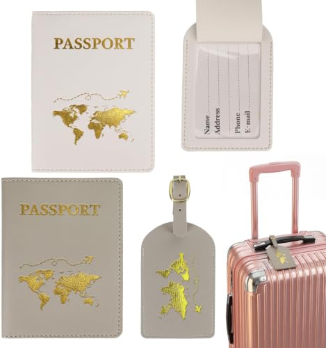 Ervoxo Reisepasshülle,2 Stück Reisepasshülle mit 2 Kofferanhänger,Passport Holder,Passport Cover,PassportHülle,Reisepasshüllen Kofferanhänger für Kreditkarten,Ausweis und Reisedokumente (Grau,weiß)