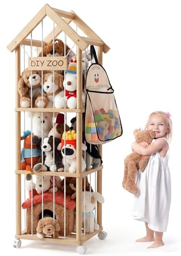 Shulltji Kuscheltier Aufbewahrung, Holz Stofftier Aufbewahrung, 146 * 42 * 42CM Plüschtier Lagerung Organizer Mit 360°Bremse-Ausgestattete Räder für Spielzimmer, Kinderzimmer, Schlafzimmer, Mit Dach