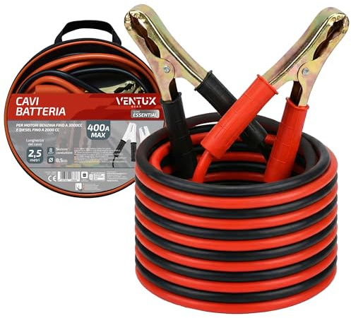 VENTUX GEAR Cavi Avviamento Auto – 2,5 m 400Ah | Cavi Batteria Benzina Fino 3000cc Diesel Fino 2000cc | Morsetti 8mm² | Kit Emergenza
