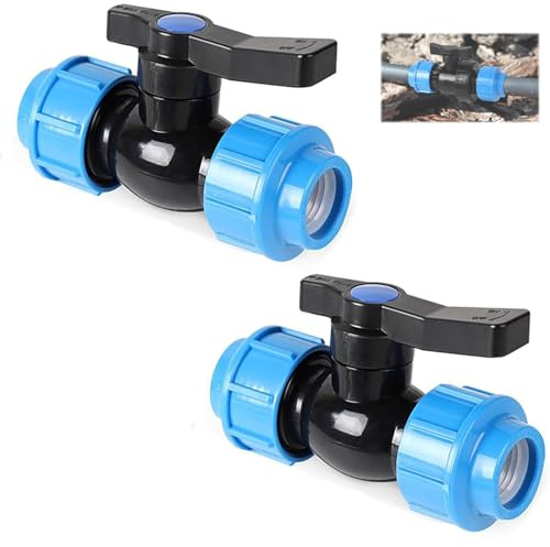 AXVRAV 2 Stück PE Rohr 25mm Verbinder, 2 Wege PP-Fitting Kugelhahn, Verschraubung für PE-Rohr Kunststoff Klemmverbinder mit Schraubverbindung Rohrkugelhahn Verlegerohr Verbinder Absperrventil (Blau)