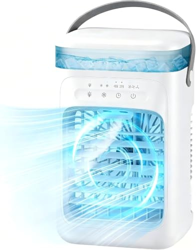 Mobile Klimaanlage Mini Luftkühler mit Wasserkühlung, Weiß | USB 4 in 1 Tragbar, 6 Luftgeschwindigkeiten & 8 LED, 1-6H Timer, Für Zimmer, Wohnungen und Büro