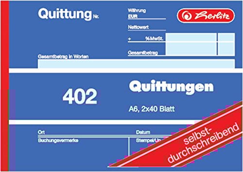 Herlitz Quittungsblock 402, selbstdurchschreibend, A6 quer, 2 x 40 Blatt, Quittung 402