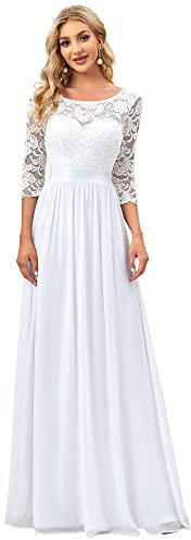 Ever-Pretty Women's Round Neck 3/4 Sleeves A Line Empire Waist Lace Elegant Maxi Prom Dresses White 12UK