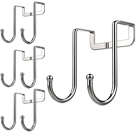 poeland 1kuan Over Cabinet Drawer Double Hooks 304 Stainless Steel Multiple Use Narrow Door Hook for Kitchen, Bathroom, Drawer, Cabinet Door to Hang Bags, Towels, Coat More Pack of 4