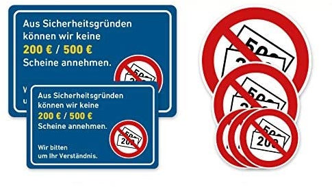 Set XL Aufkleber Keine 500/200 Euro Scheine Annahme