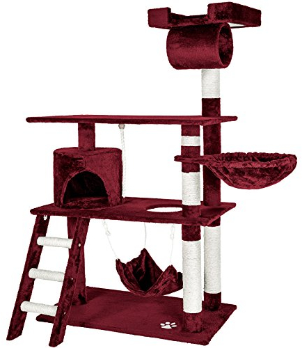 tectake Katzen Kratzbaum, Katzenbaum, Kletterbaum, 141cm hoch, Katzenhaus Indoor mit Hängematte, Höhle, Spielseil und Treppe, Plüsch Sisal, Katzen Kratzmöbel mit Spielzeug, extra breit - weinrot