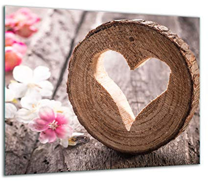 TMK | Herdabdeckplatte 60x52 Einteilig Glas Elektroherd Induktion Herdschutz Spritzschutz Glasplatte Deko Schneidebrett Herz Holz