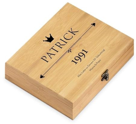 Maverton Weinöffner-Set personalisiert Weinset Sommelier Set in Bambuskiste | Geschenkbox Holzbox + 6er Weinzubehörset, aus Bambus, Geschenk zum Geburtstag für Männer