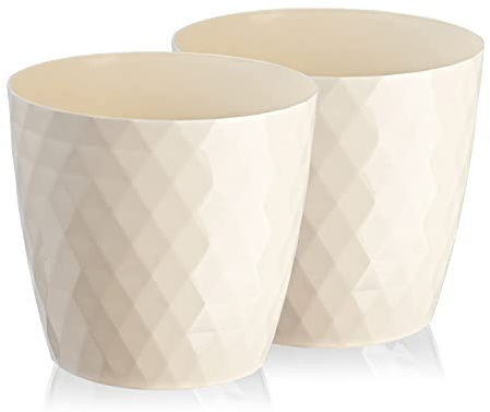 Tymar Blumentopf, 2er-Pack, glänzender, Leichter, dekorativer Pflanzentopf aus Kunststoff, Moderne, Runde Form, für Innenräume,Pflanzkübel (14 cm, Creme)