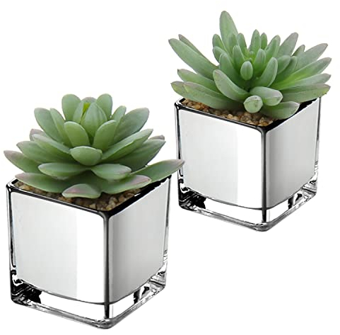 Briful Mini Artificial Succulent Plants, Set of 2 Faux Succulents in Galvanized Glass Pot Modern Fake Plants Plastic Succulents for Centerpiece Bathroom Shelf Bedroom Decor