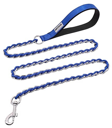 Chain Dog Leash Chew Proof Metal for Medium Large Dogs, Anti Bite 4FT Strong With Comfortable Soft Padded Handle Blue 3.0