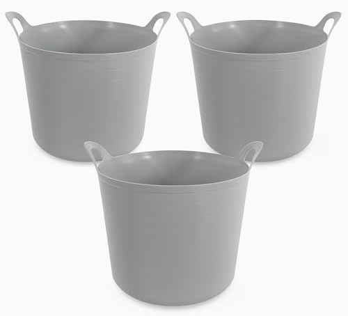 Set of 3 - Grey 27 Litre Flexi Tubs Versatile Multi Purpose Flexible Rubber Storage Containers Buckets