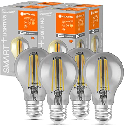 LEDVANCE Smarte LED-Lampe mit Wifi Technologie, E27, Dimmbar, Warmweiß, Birnenform, Klares Filament im Rauchglas, Ersatz für herkömmliche 44W-Birnen, steuerbar mit Alexa, Google & App, 4er-Pack
