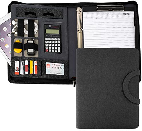 Porte-documents A4 Professionnel - Calculatrice Solaire Intégrée + Bloc-Notes - Cuir PU Imperméable - Organiseur Bureau/Voyage (gris foncé)