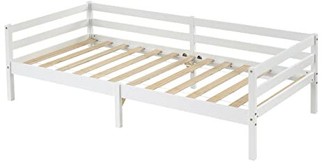 DORAFAIR Holz Bett Kiefernbett Tagesbett Bettgestell mit Lattenrost Gästebett Holzbett 90x190cm,Bett weiß