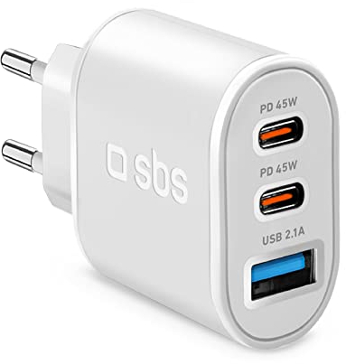 SBS 55W Schnellladegerät für iPhone, Samsung Oppo, Xiaomi, Tablet, Laptop, Wandladegerät mit 2 USB-C und 1 USB-A, Weiß