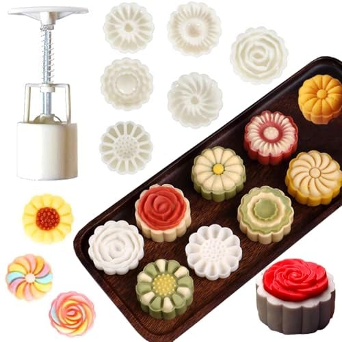 6PCS Moon Cake Mold, Pretty Patterns Cookie & Moon Cake Molder,Hand Pressure Moon Cake Mould for Mid-Autumn Festival,Flower Mooncake Mold 50G,Shower Steamers & Bath Bomb Molds (Color 2)