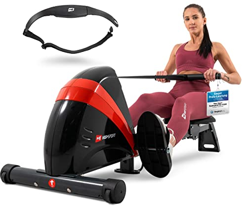 Hop-Sport Rudergerät für Zuhause Boost – Rudergerät klappbar mit kugelgelagertem Sitz, Computer & Magnetbremssystem, 10 Stufen - Rudermaschine max. Nutzergewicht 120kg + Pulsgurt (Rot)