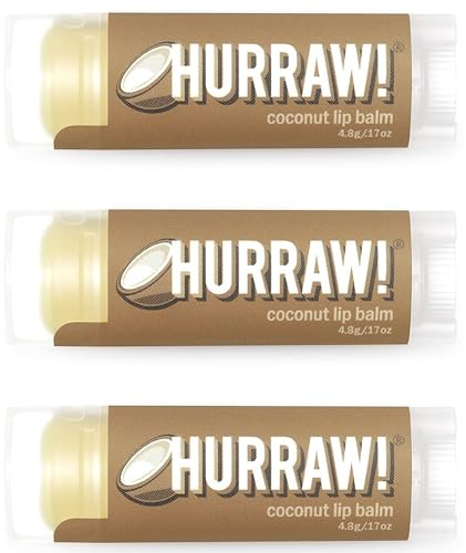Hurraw! Kokosnuss-Lippenbalsam, 3er-Pack: Biologisch, zertifiziert vegan, tierversuchsfrei und glutenfrei. 100% natürliche Inhaltsstoffe. Ohne Bienen, Soja oder Palme.