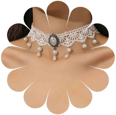 Aneneiceera Boho Weiß Opal Blume Spitze Choker Halskette Weiß Teardrop Perle Anhänger Halskette Choker Gothic Tropfen Kragen Halskette Retro Vintage Halskette Kette Schmuck Geschenke(weiß B)