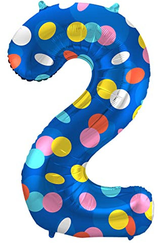 Folat 64182 Luftballon Geburtstag Ziffer Zahl 2 Colorful Dots Blau mit farbigen Punkten 86 cm - Helium Ballon Decoration Geburtstagdeko, Ballon Zahl