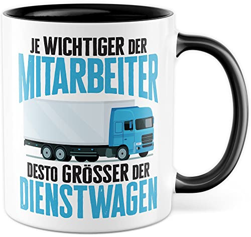 LKW Tasse mit Spruch Lkw-Fahrer Kaffeetasse Kaffee-Becher lustig Geschenkidee Fernfahrer Geschenk Lastwagen Spediteur Je wichtiger der Mitarbeiter desto größer der Dienstwagen Witz (Weiß/Schwarz)