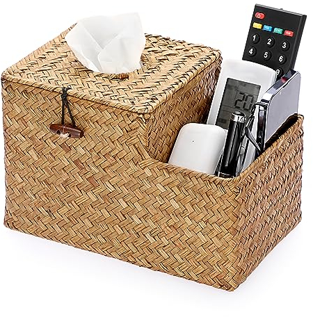 IGNPION Woven Square Tissue Holder Seagrass Facial Tissue Box Cover Decorative Household Cube Tissue Organizer Box with Remote Control Storage Holder for House Office Car Hotel, Caramels