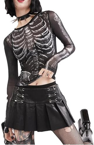SANSIWU :Women Halloween Mesh Skeleton Print Tops Fitted Black Long Sleeve Crop Tops Casual Horror Shirt (Black, M)